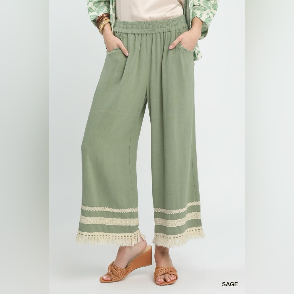 Umgee Lace Trim Fringe Hem Wide Leg Pants